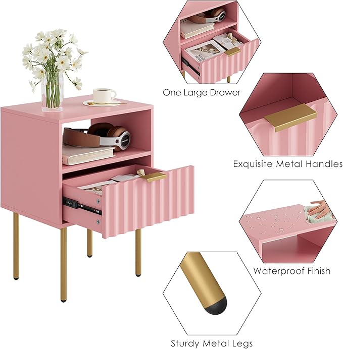 Nightstand,Modern Bedside Table with Gold Frame,Pink Night Stand,Bedside Furniture, Modern Side Table with Drawer and Shelf for Bedroom,Living Room (Pink)