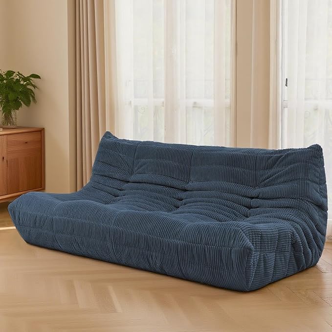 Fireside Three-Seater Mid-Century Armless Sofa — Floor Lounger in Soft Premium Corduroy, Foam-Filled Accent Chair for Living Room or Bedroom (Prussia Blue, Three Seater)