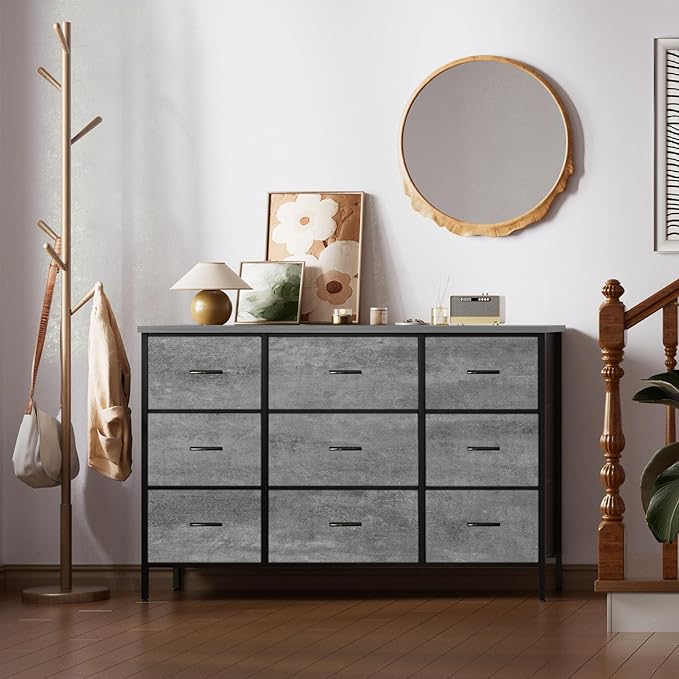 Dresser for Bedroom with 9 Deep Drawers, Wide TV Stand Modern TV Console, Fabric Storage Cabinet, Chest of Drawers for Closet, Nursery (Gray)
