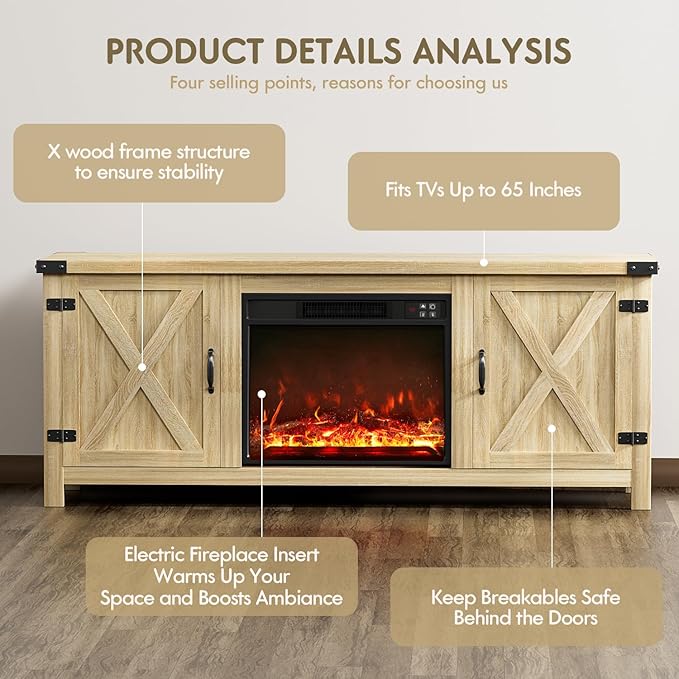 YESHOMY Fireplace TV Stand with Two Barn Doors and Storage Cabinets for Televisions up to 65+ Inch, Entertainment Center Console Table, Media Furniture for Living Room, 58 Inch, Natural Oak