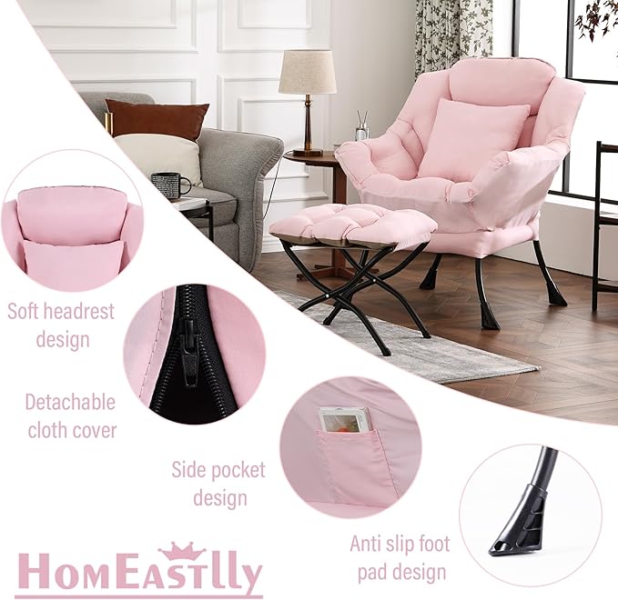 Large Lazy Chair with Ottoman, Accent Reading Chair with a Throw Pillow, Cozy Lounge Armchair, Leisure Sofa Chair for Living Room, Bedroom, Dorm, Peach Pink