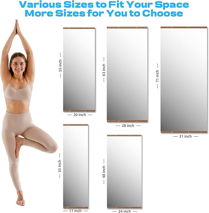 Hasipu 2Pcs 71''x31'' Home Gym Mirror Large Full Length Wall Mounted Full Body Mirror for Yoga Dance Fitness Exercise Studio Bedroom Garage, Frameless Tempered Glass Workout Mirrors Walnut Rectangular