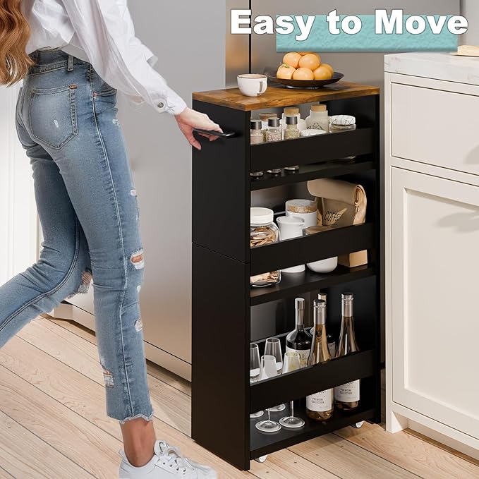 MARTY Rolling Storage Cart 7.9" W, 4-Tier Kitchen Cart with Wheels Handle, Slim Storage Cart Mobile Shelving Utility Carts for Bathroom Laundry Room Organization Narrow Places (Black)