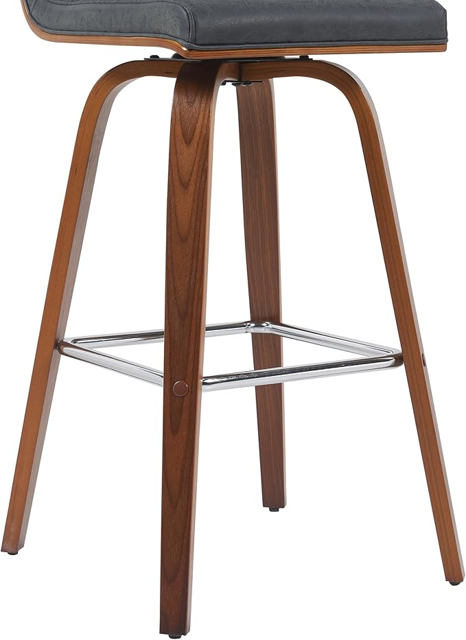 Armen Living Vienna Modern Swivel 30" Bar Height Barstool with Vintage Black Faux Leather and Walnut Wood Finish