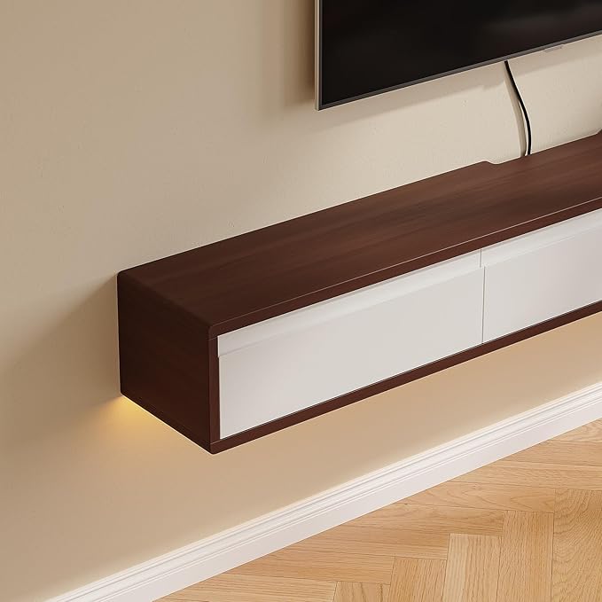 Floating TV Stand High Gloss,70'' Wall-Mounted TV Cabinet,Floating TV Console,Under TV Shelf with 3 Doors for Living Room Bedroom(Walnut+White)