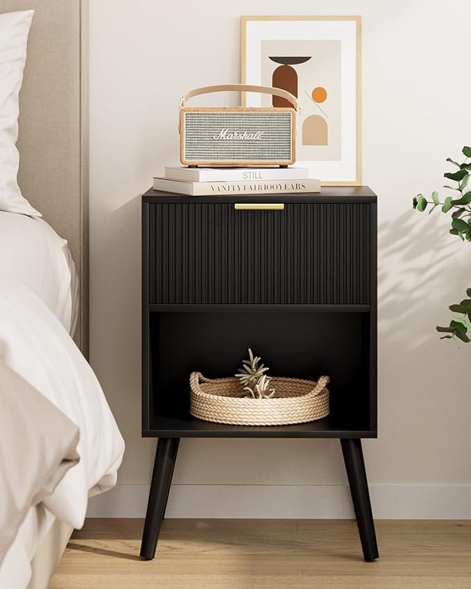 Nightstand, Small Side Table, Bedside Table with Drawer, Modern Night Stand, End Table for Bedroom, Living Room (Black Stripe)