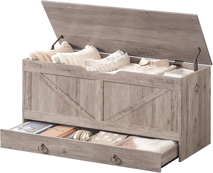 HOOBRO Storage Chest, 43.3" Toy Chest with Drawer, Wooden Storage Bench, Sturdy Entryway Bench Supports 220 lb, Shoe Bench, Safety Hinge, U-Shaped Opening, Easy Assembly, Greige BG711CW01G1