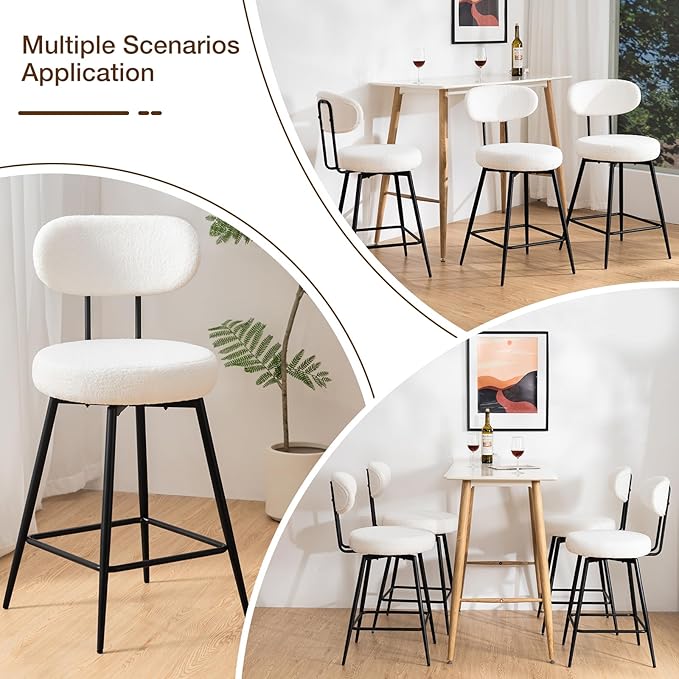 HOMMPA Counter Height Swivel Bar Stools Set of 2 Boucle Barstools 26'' Upholstered Modern Counter Barstools with Back Metal Legs Bar Stools Chairs for Kitchen Counter Island White