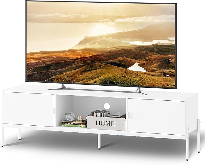 WLIVE Modern TV Stand for 65 Inch TV, Mid Century Entainment Center with Storage Cabinets, TV Console for Bedroom and Living Room, TV Cabinet with Metal Legs, White