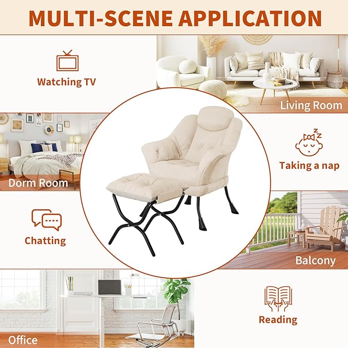 IDEALHOUSE Lazy Chair with Ottoman - Modern Living Room Chairs for Small Spaces, Ergonomic Reading Chair with Armrests, Comfy Chair with Ottoman for Bedroom & Living Room, Beige