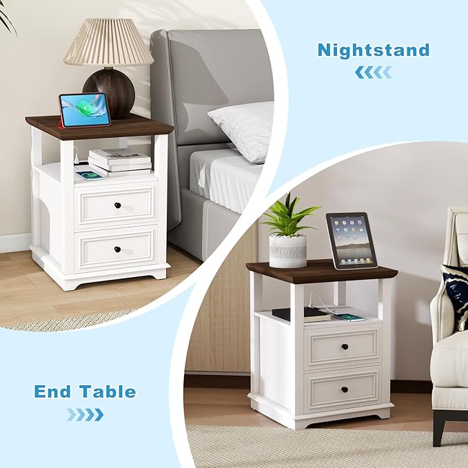 Vipbear Farmhouse Nightstand 18" White End Table with Charging Station & 2 Drawers, Rustic Bedside Table with Storage Shelf for Bedroom, Living Room,18.1" D x 18.1" W x 24.2" H