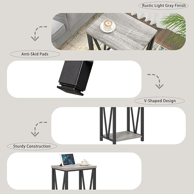 FOLUBAN End Table, Rustic Wood and Metal Side Table with Storage, Modern NightStand for Living Room Bedroom, Small Spaces, Light Grey