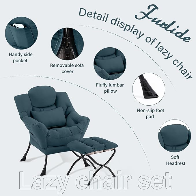 Lazy Chair with Ottoman, Modern Lounge Chair with Lumbar Pillow, Accent Cozy Reading Armchair and Folding Footstool for Bedroom, Dorm, Living Room,Peacock Blue