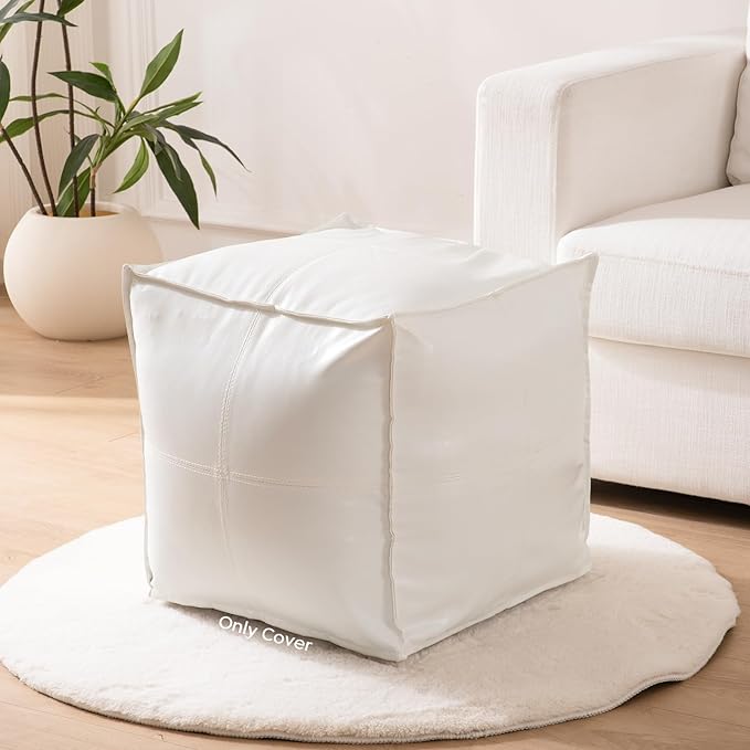 Unstuffed Pouf Ottoman Cover (Only Cover No Filler), 17.7x17.7 inch Faux Leather Moroccan Poofy Ottomans Cover, footrest Square White Footstool with Storage Waterproof Easy Cleaning for Living Room