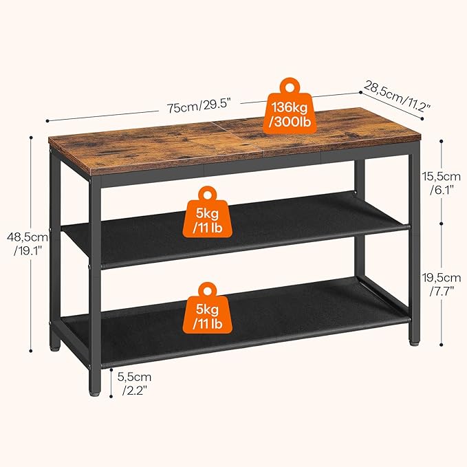 HOOBRO Shoe Bench, 3-Tier Shoe Rack with Oxford Fabric Shelves, 29.5" L Shoe Storage Organizer, Holds 6-8 Pairs of Shoes for Entryway and Hallway, Lightweight, Rustic Brown and Black BF77HX01