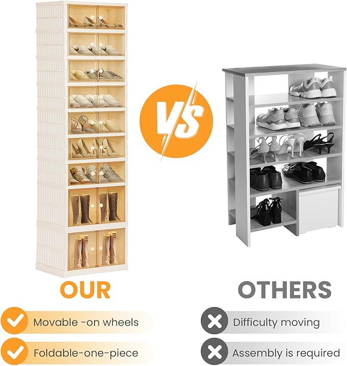 Foldable Shoe Organizer Storage Box, Portable Extra Large Folding Shoe Rack for Closet, Shoe Storage Box with Magnetic Transparent Door and Wheels, 9 Layers 18 Grids with 4 Big Grids for 2 PCS