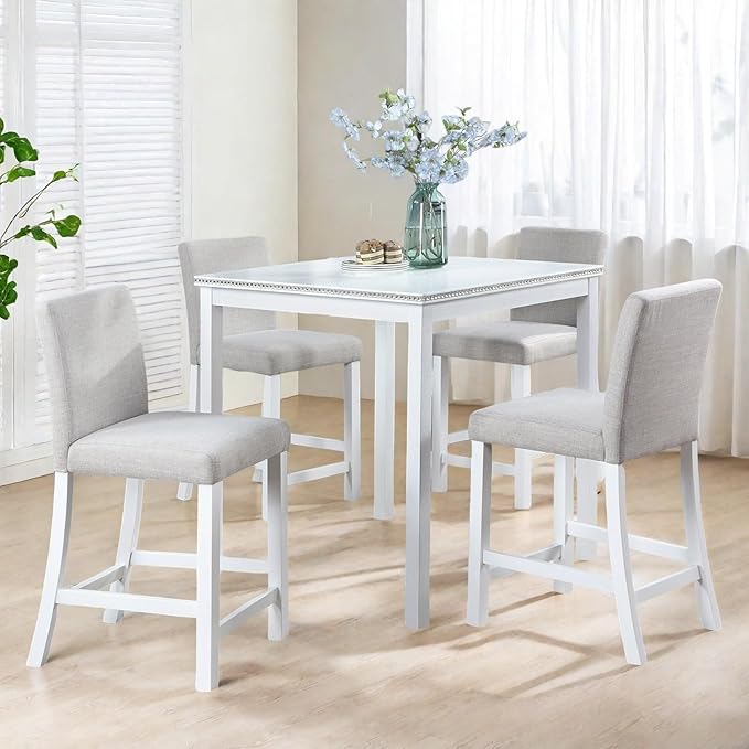 Dining Table Set for 4, 5-Piece Dining Room Table Set with Square Crystal Decoration Table & 4 Upholstered Backrest Chairs, Counter Height Kitchen Sets with Wood Grain & Footrest, White