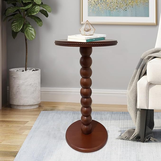 JUIOETURBoho Beaded Round Side Table - Handcrafted Small Accent Table for Small Spaces w/Solid Wood Leg - Drink Table for Living Room, Bedroom, Dorm, Office & Tight Corners (Brown)