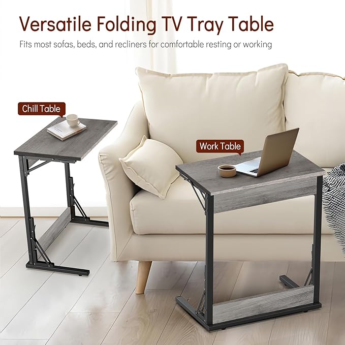 Tatub 24" Folding C Shaped End Table, Small Sofa Side Laptop Desk, Couch TV Tray Table for Living Room, Bedroom, Light Ivory