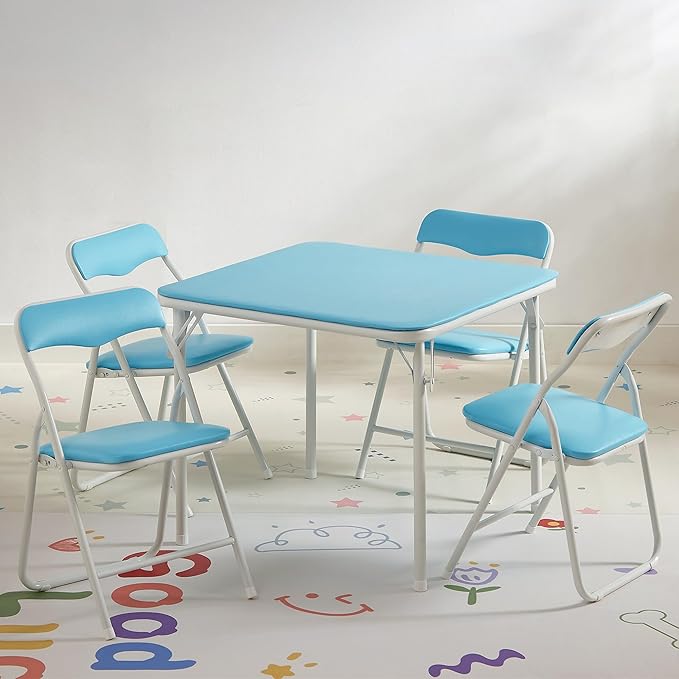 VECELO Kids Folding Activity Table and Chairs 5 Pcs Set, Portable, with Ultra Soft Padded Cushion, Light Blue