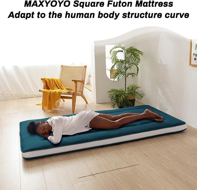 MAXYOYO Futon Mattress, Padded Japanese Floor Mattress Quilted Bed Mattress Topper, Extra Thick Folding Sleeping Pad Breathable Floor Lounger Guest Bed for Camping Couch, Bluestone, Twin Size