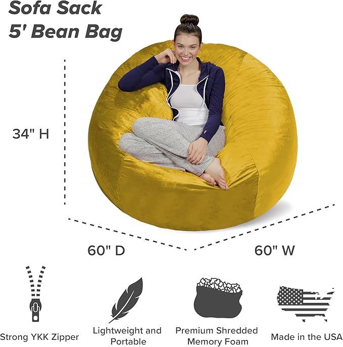Sofa Sack Bean Bag Chair - Plush, Ultra Soft - Memory Foam Bean Bag Chair with Microsuede Cover - Stuffed Foam Filled Furniture and Accessories for Dorm Room 5 Feet - Lemon