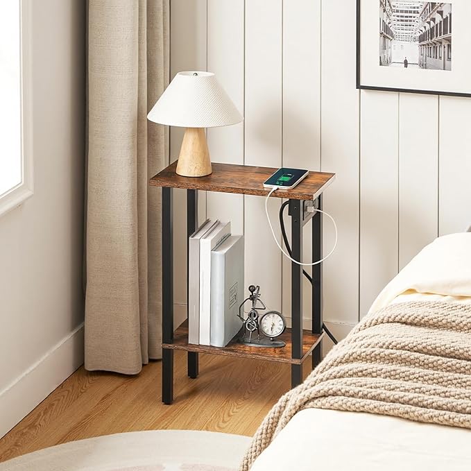 HOOBRO Small End Table with Charging Station, Set of 2, Narrow Side Table with USB Port and Outlets, Skinny Sofa Table, Slim Nightstand, Living Room, Bedroom, Rustic Brown and Black BF240UBZP201