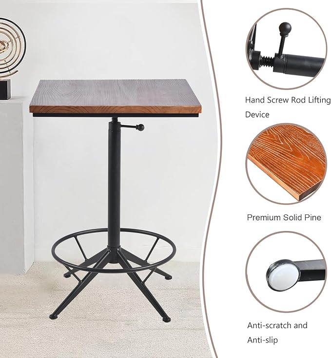 Diwhy Industrial Design Bar Table Height Adjustable 30.3-35.4in Kitchen Dining Coffee Bistro Pub Square Table Top Table Black
