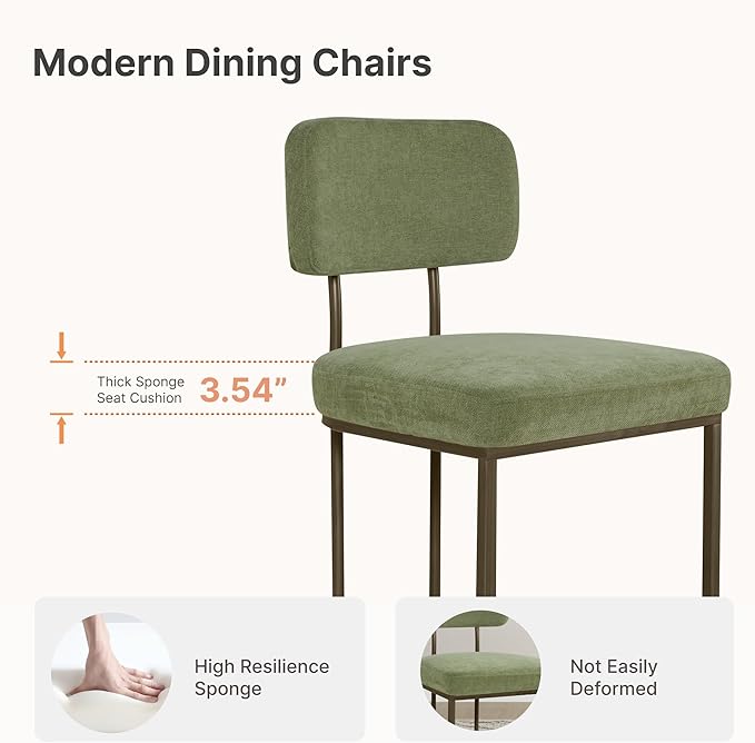 Dining Chairs Set of 4, Upholstered Modern Kitchen Chairs with Ergonomic Backrest, Fabric Cushion Seat & Metal Legs for Living Room, Restaurant, and Café, Green, 2Boxs