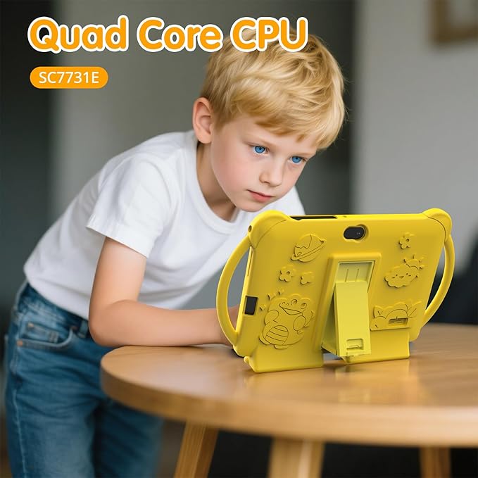Kids Tablet 7 inch Android 12.0 for Toddler, 4GB RAM 32GB ROM Bluetooth IPS Screen Parental Control Dual Camera Shockproof Case for Educational Games (Yellow)