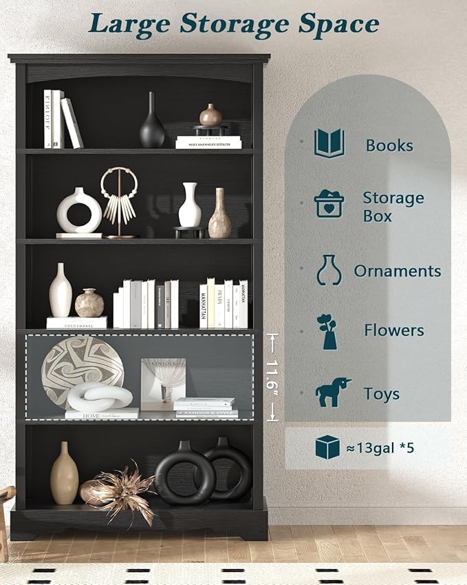TVU 5-Tier Wooden Bookshelf, 65 Inch Tall Bookshelf with Storage, Floor Standing Modern Style Display Bookcase for Living Room, Office, Study Room, Entryway, Black