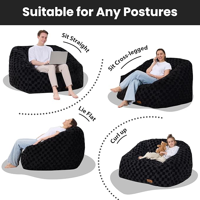 Bean Bag Chairs for Adults, Giant Beanbag Sofa Comfy Reading Chair, Oversized Bean Bag Chairs for Living Room Bedroom, Soft Faux Fur Fabric, 3.2FT, Black, Checkered
