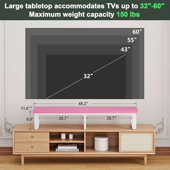 Clikuutory 45" Large TV Riser for 32-60 inch TVs, Tabletop Stand with Steel Legs, Storage & Dual - Screen Office Desk Function, Ideal for Home Office, Bedroom, Living Room, Pink