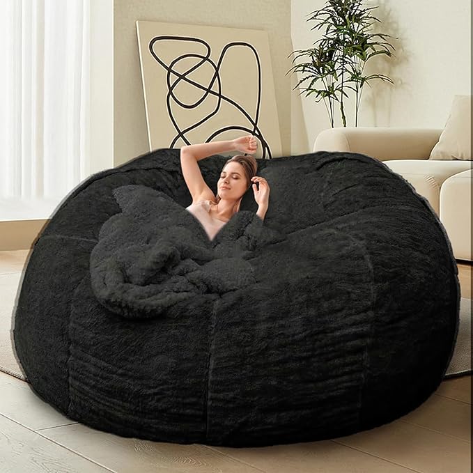 Bean Bag Chair for Adults Kids Without Filling Comfy Fluffy Giant Round Beanbag Lazy Sofa Cover for Reading Chair Floor Chair, 5FT, Black