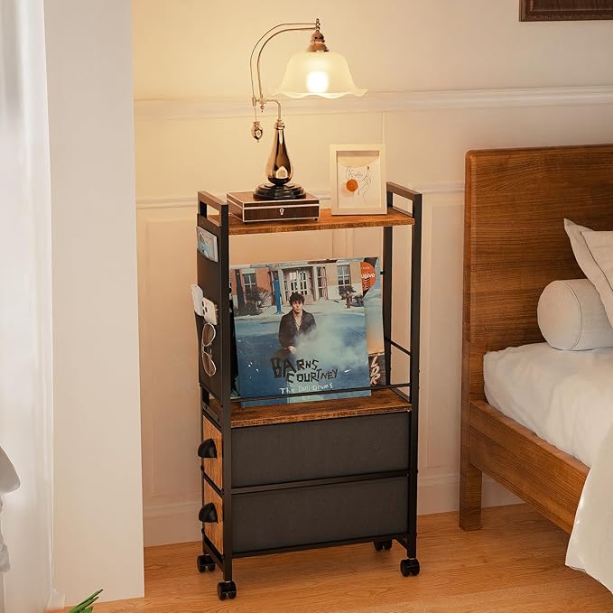 Narrow Side Tables with 2 Drawer for Small Spaces, Skinny Thin Bedside Nightstand End Table on Wheels, Rolling Slim Tall Desk with Storage Bag for Sofa Living Room Dorm Bedroom Couch Bathroom