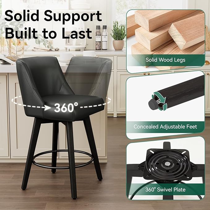Vipbear Swivel Counter Height Bar Stools Set of 2,26.8" H Counter Stools with Back, Mid Century Modern Bar Stools for Kitchen Island,Faux Leather,Wooden Base, Black
