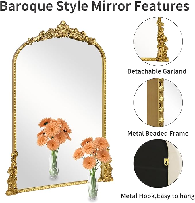 Vintage Arched Mirror, 24"x 36"Antique Baroque Mirror Style Metal Beaded Frame for Entryway Hallway Living Room,Vintage Gold