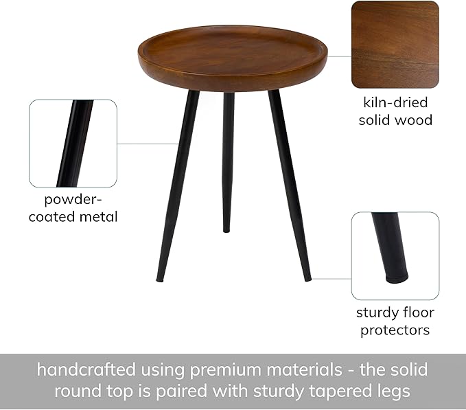 MH London Lydia Round Small End Table & Side Table Solid Wood, Walnut top with Black Metal Legs, Nightstand, 15.75"x15.75"x18"