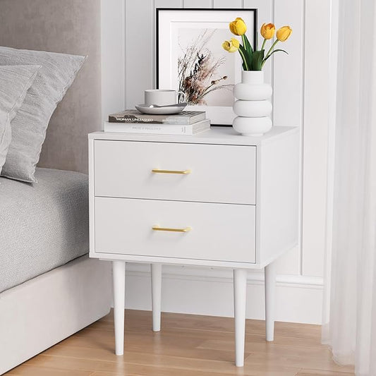 White Nightstand with 2 Drawers, 26" Tall Modern Bedside Table, Mid-Century Modern End Table, Wood Night Stand with Solid Wood Leg for Bedroom, Office