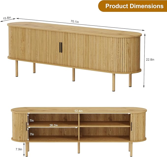 GarveeHome 70.1" TV Stand, Modern TV Console Table with Storage Compartment and Sliding Door, Gaming Entertainment Center with Cabinet for Living Room, Bedroom, Office, Oak