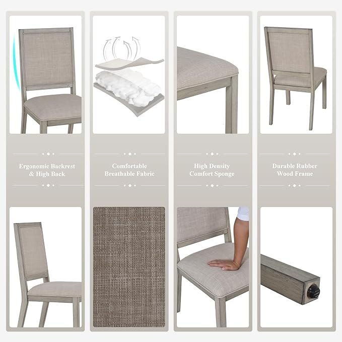 COLAMY Modern Rectangular Dining Table Set, 60" L x 36" W x 30" H, Grey Wood & Fabric, 6 Person Capacity, Requires Assembly