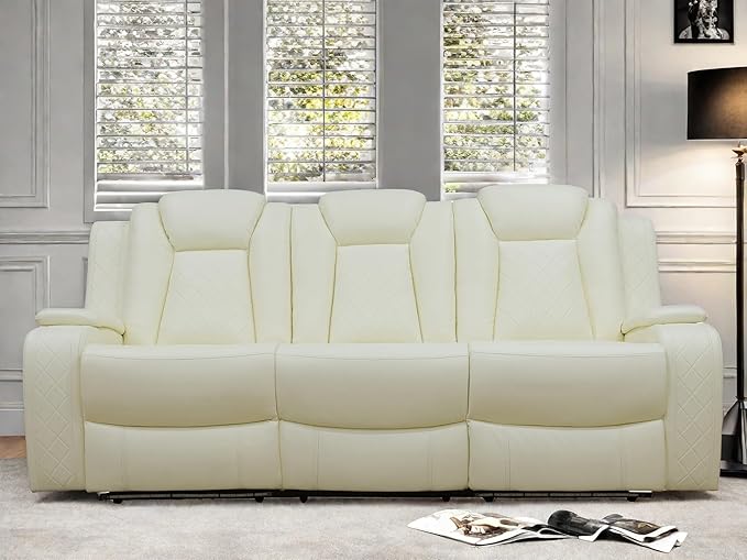 Leather Recliner Sofa Couch, 3-Seater Home Theater Seating Reclining Sofa, Power Reclining Couch with Cup Holders & Drop Down Table for Living Room Furniture Sets, White