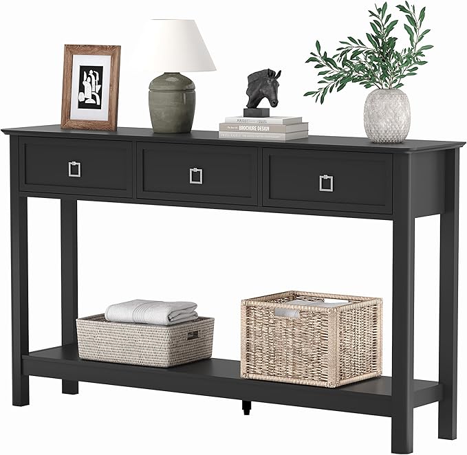 Treocho 53.1" Console Table with 3 Drawers, Modern Entryway Table, 2-Tier Narrow Long Sofa Table Behind Couch Table for Living Room, Hallway, Black
