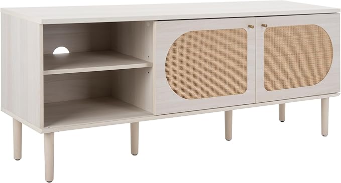 SAFAVIEH Claude TV Stand for up to 65" Flatscreen – Bleached White & Natural Rattan, 2 Sliding Doors with Interior Storage, 2 Open Shelves, Entertainment Media Console (MED9610C)