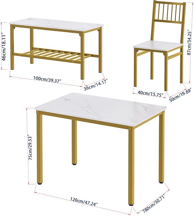 Teraves Dining Table Set for 4/Computer Desk,Kitchen Table with 2 Chairs and a Bench,Table and Chairs Dining Set 4 Picce Set for Dining Room (White Marbling+ Gold Frame,120CM)