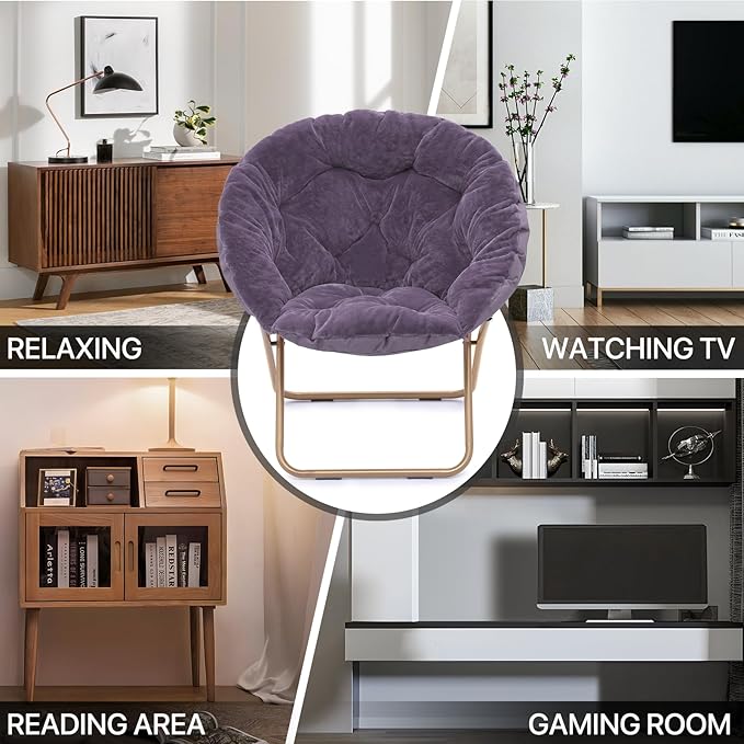MoNiBloom Round Folding Faux Fur Saucer Chair for Bedroom Living Room Dorm Foldable Metal Frame Oversized Large Comfy Furry Padded Soft Cozy Moon Chair with Footrest Ottoman for Adults (Purple)