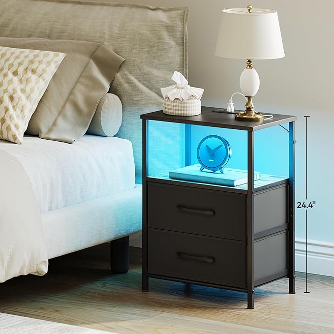 Nightstands Set of 2, Night Stand with Charging Station and Led Lights, Bedside Table with 2 Fabric Drawers for Bedroom, Small Side End Table with Open Shelf, Black