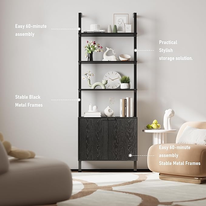 74" Tall Bookshelf with Storage Cabinet, Modern Ladder Shelf with Wood and Metal Frame, Wall Mount Bookcase Open Display Shelf Furniture for Living Room, Bedroom, Home Office，Black