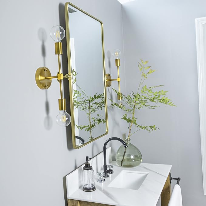 TEHOME 27 x 35'' Gold Pivot Mirror Brushed Champagne Gold Tilt Rectangle Bathroom Mirror Tilting Beveled Vanity Mirrors for Wall