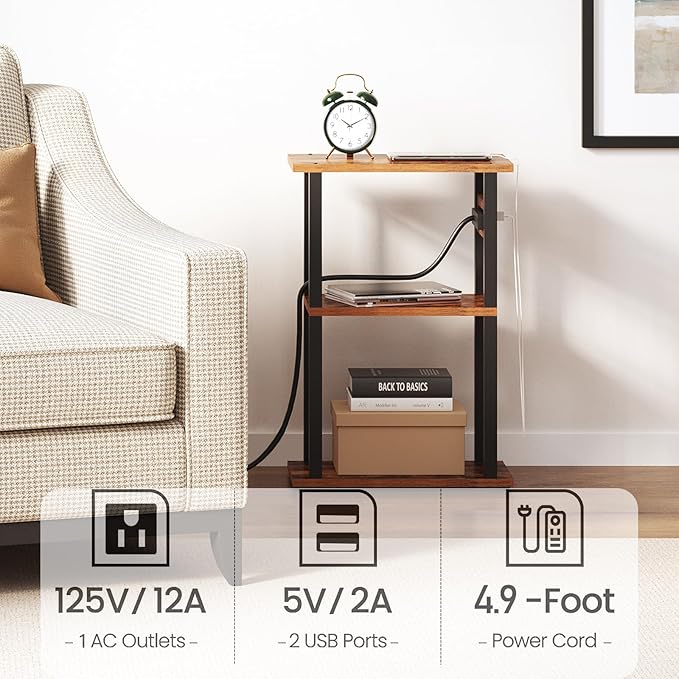 TUTOTAK Small Narrow Side Table with Charging Station, Skinny End Table for Small Spaces, Slim Nightstand with USB Ports and Outlet, Sofa Beside Table with Wheels, Brown TB01BB046
